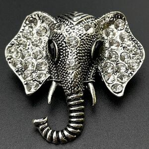 Silver with White Diamond and Black Onyx Crystal Elephant Pin Back Brooch